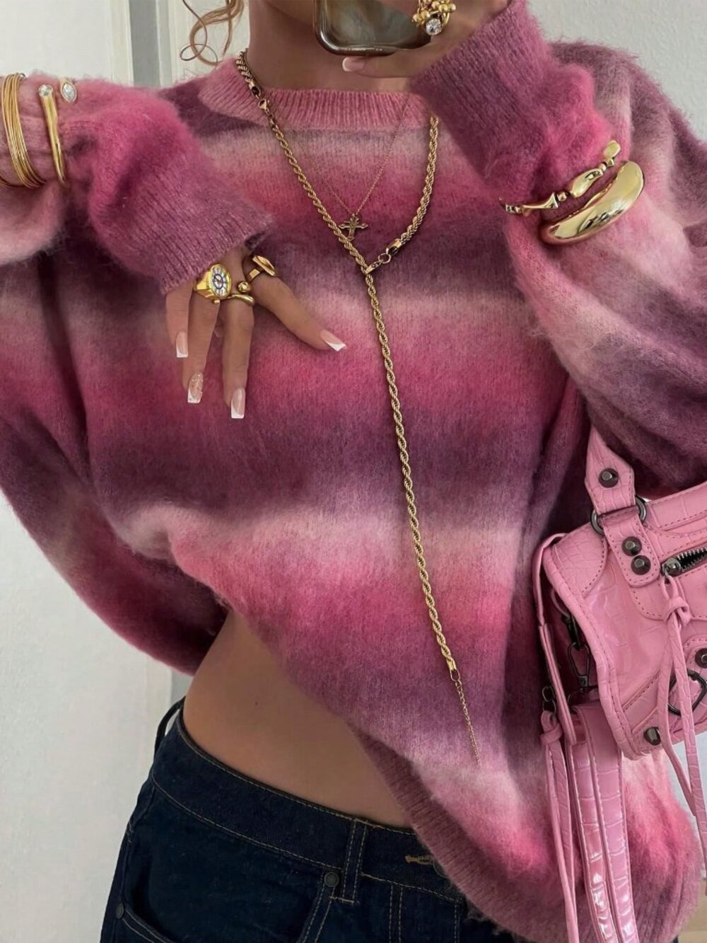 Pink Casual Women's Loose Round Neck Drop Sleeve All Over Print Pullover Top